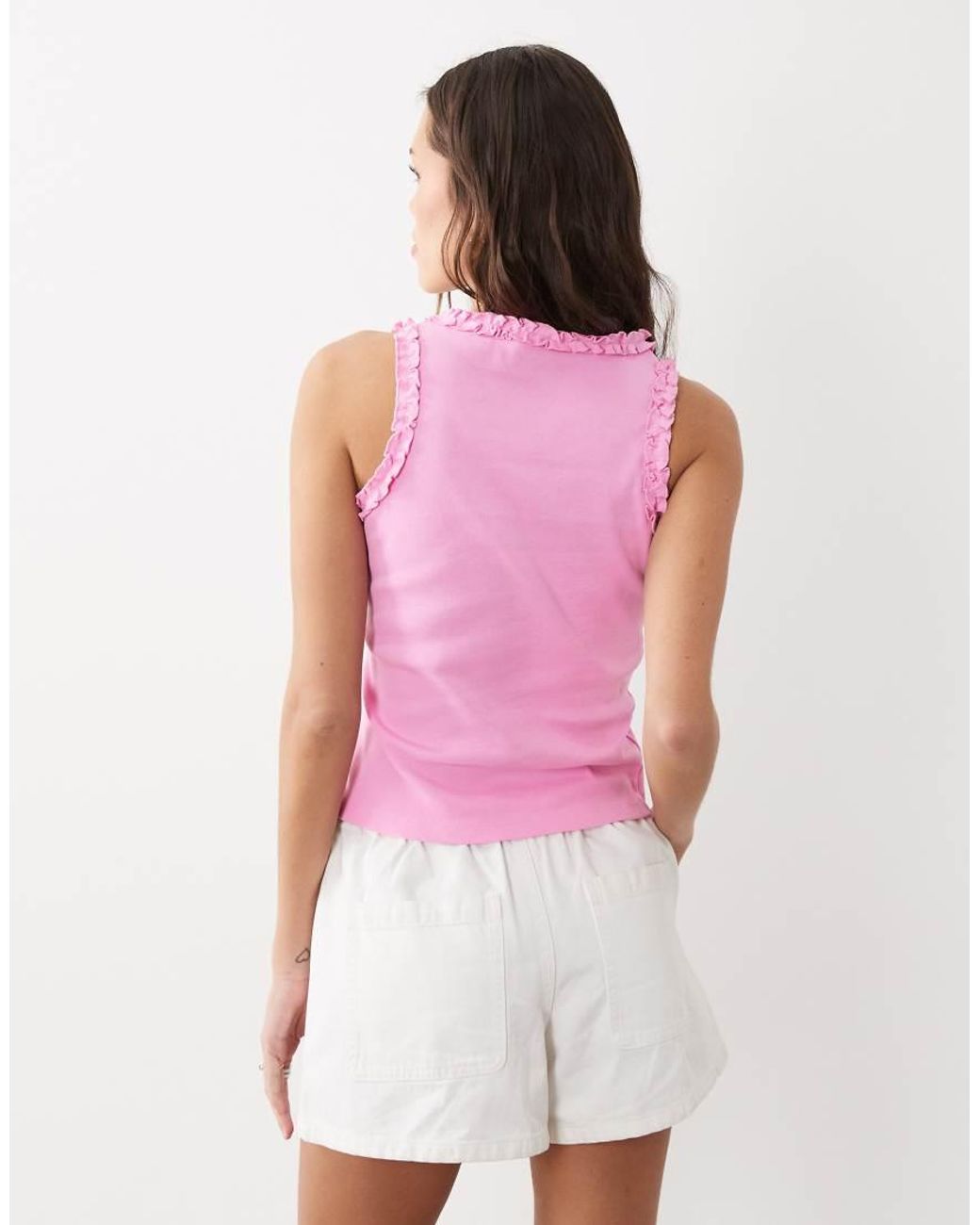 Miss Selfridge Pink V-neck Ribbed Tank Top With Lace Trim