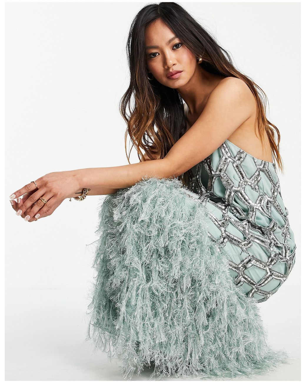 asos edition geo sequin cutwork midi dress with feather hem ASOS Geo Sequin Cutwork Midi Dress With Faux Feather Hem in Blue