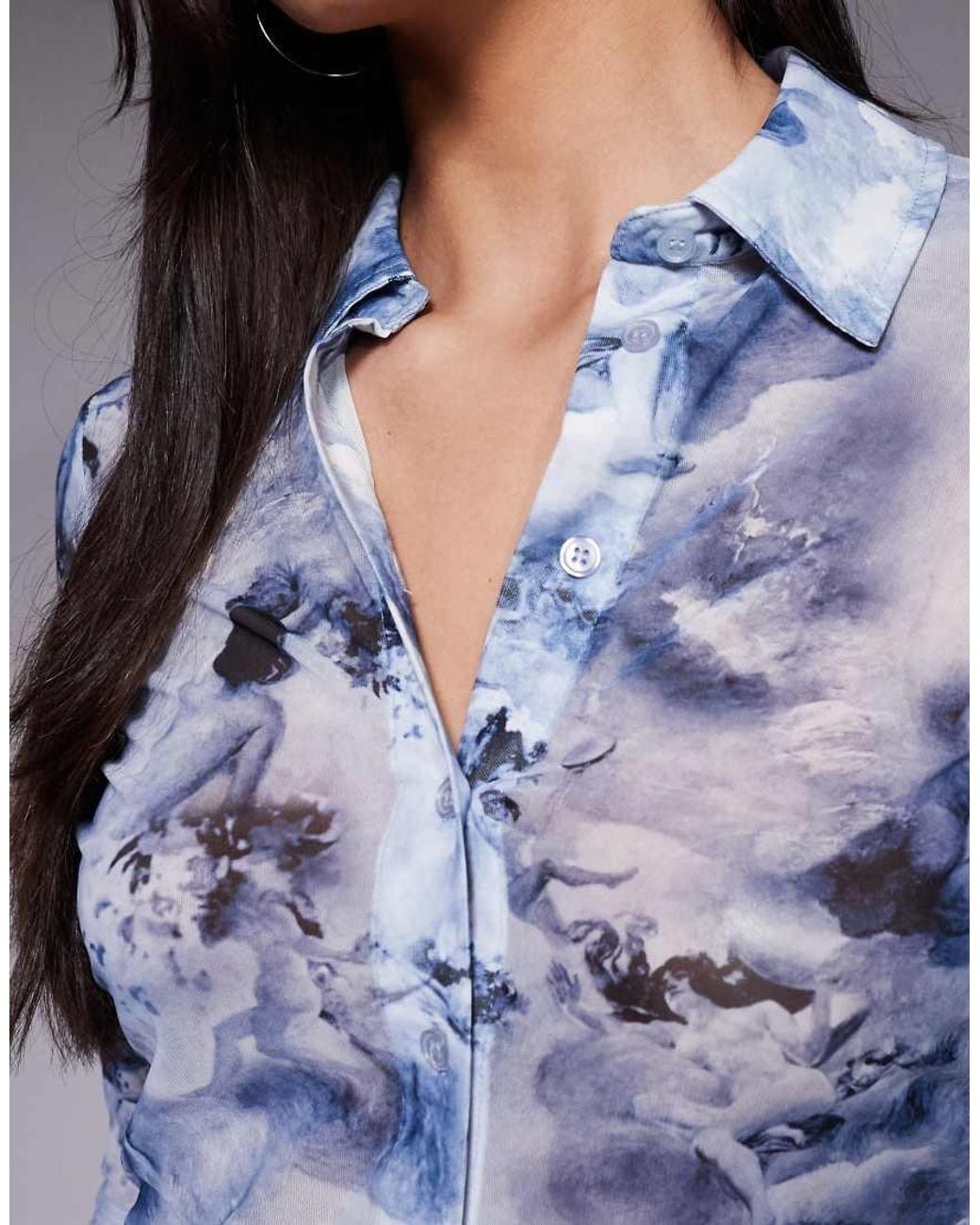 GOOD AMERICAN Blue Mesh Button Up Top