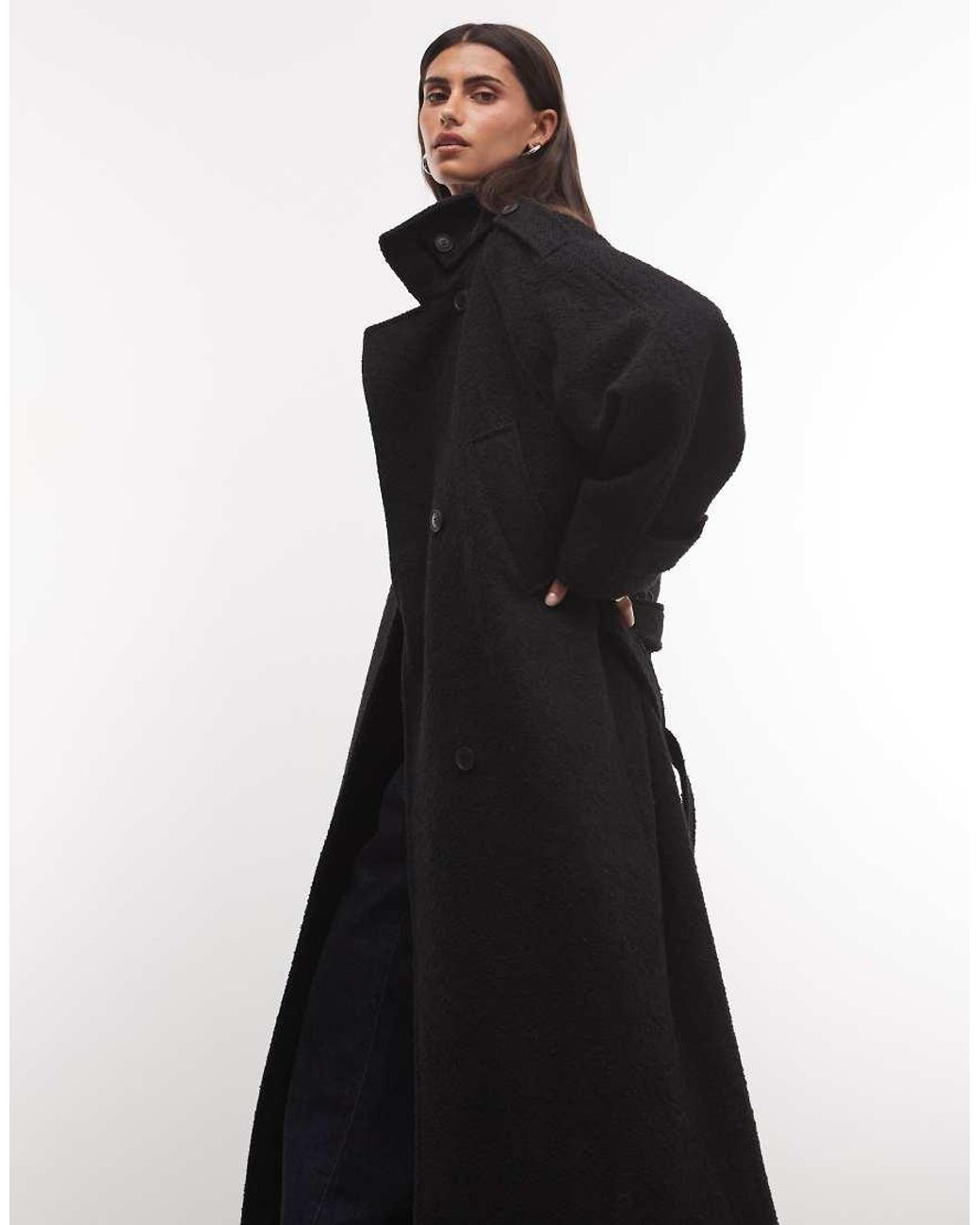 Weekday Black Wool Blend Funnel Neck Belted Coat
