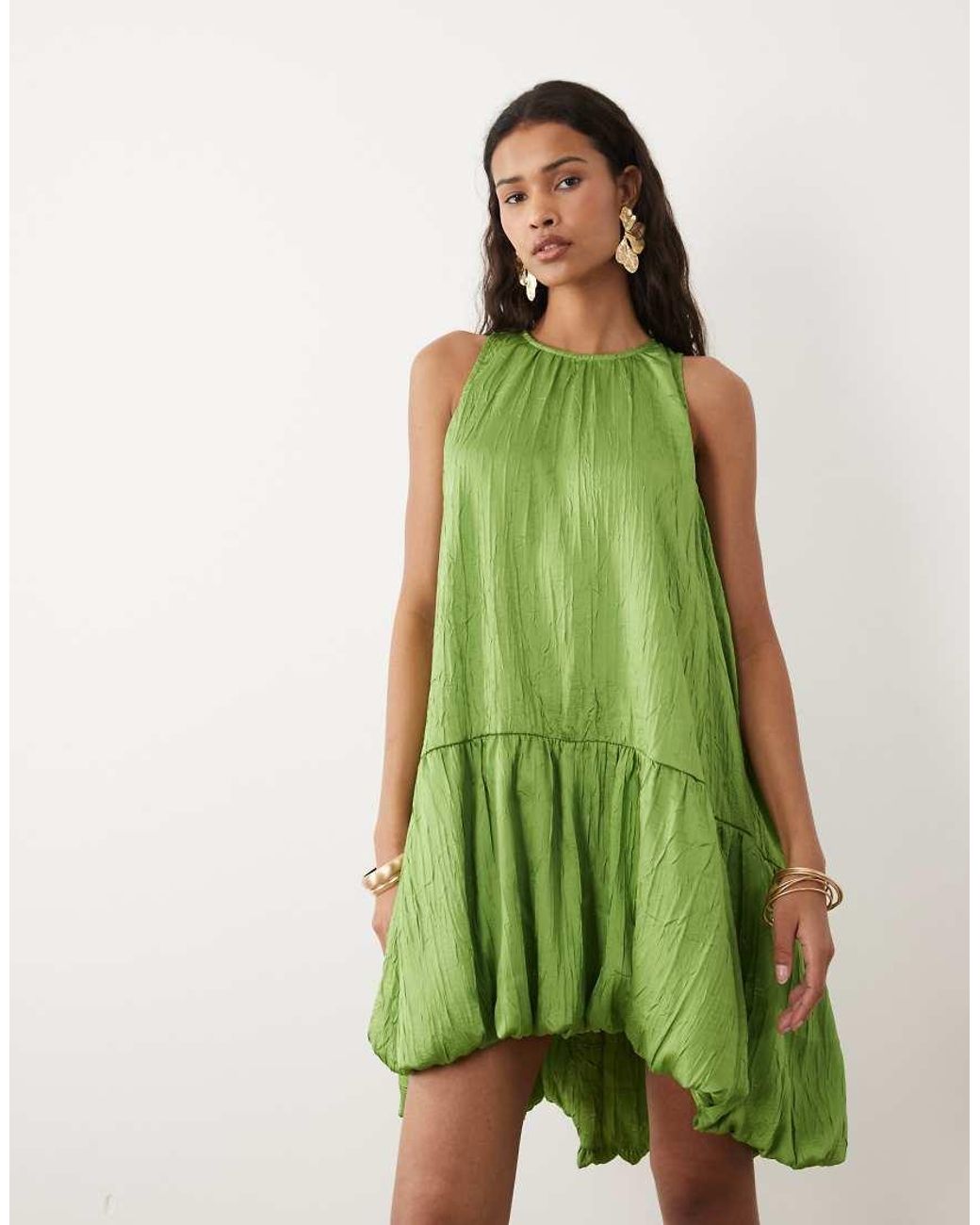ASOS Green Satin Mini Racer Dress With Asym Bubble Hem