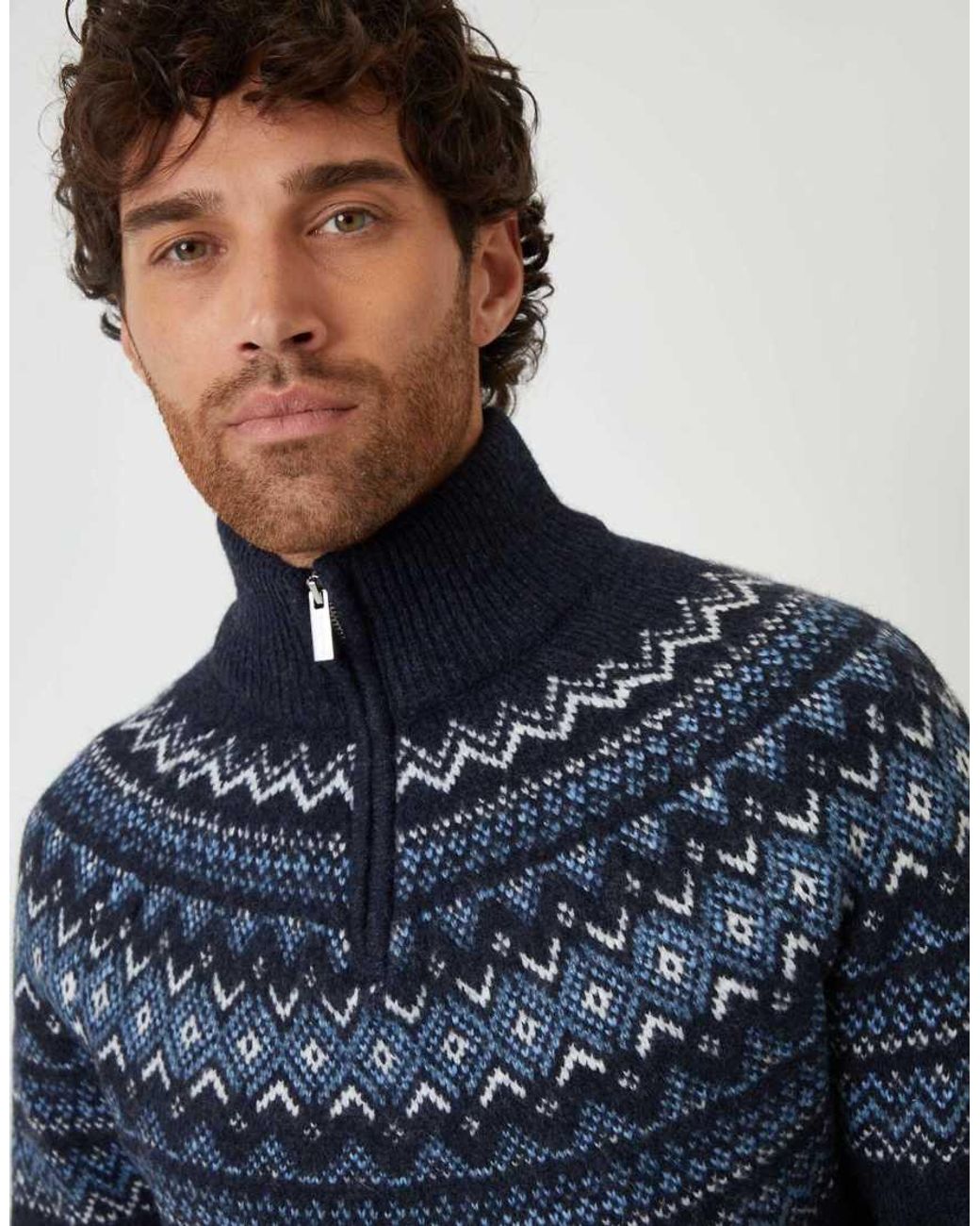 Threadbare Blue Fairisle Quarter Zip Knitted Jumper With Wool for men