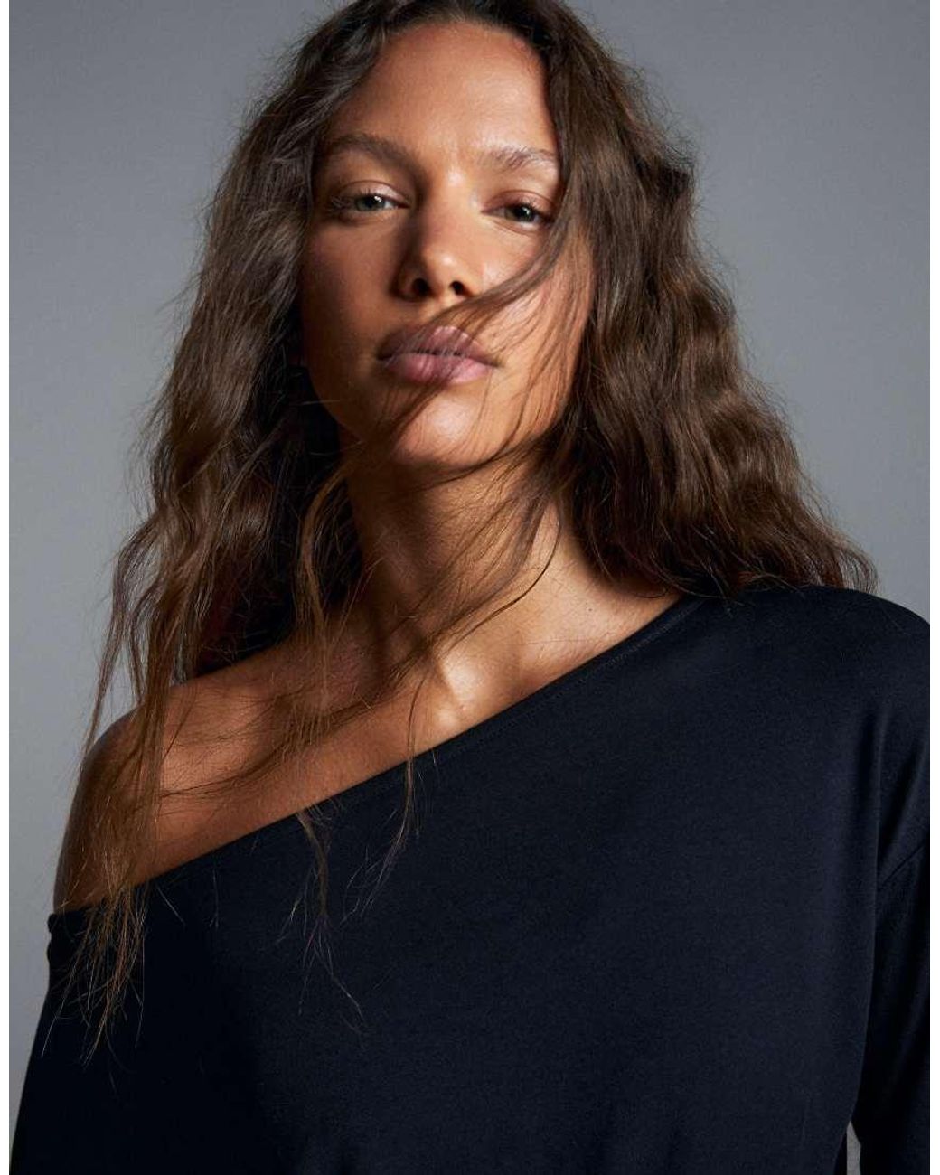 Bershka Blue Asymmetric Neck Long-Sleeved T-Shirt