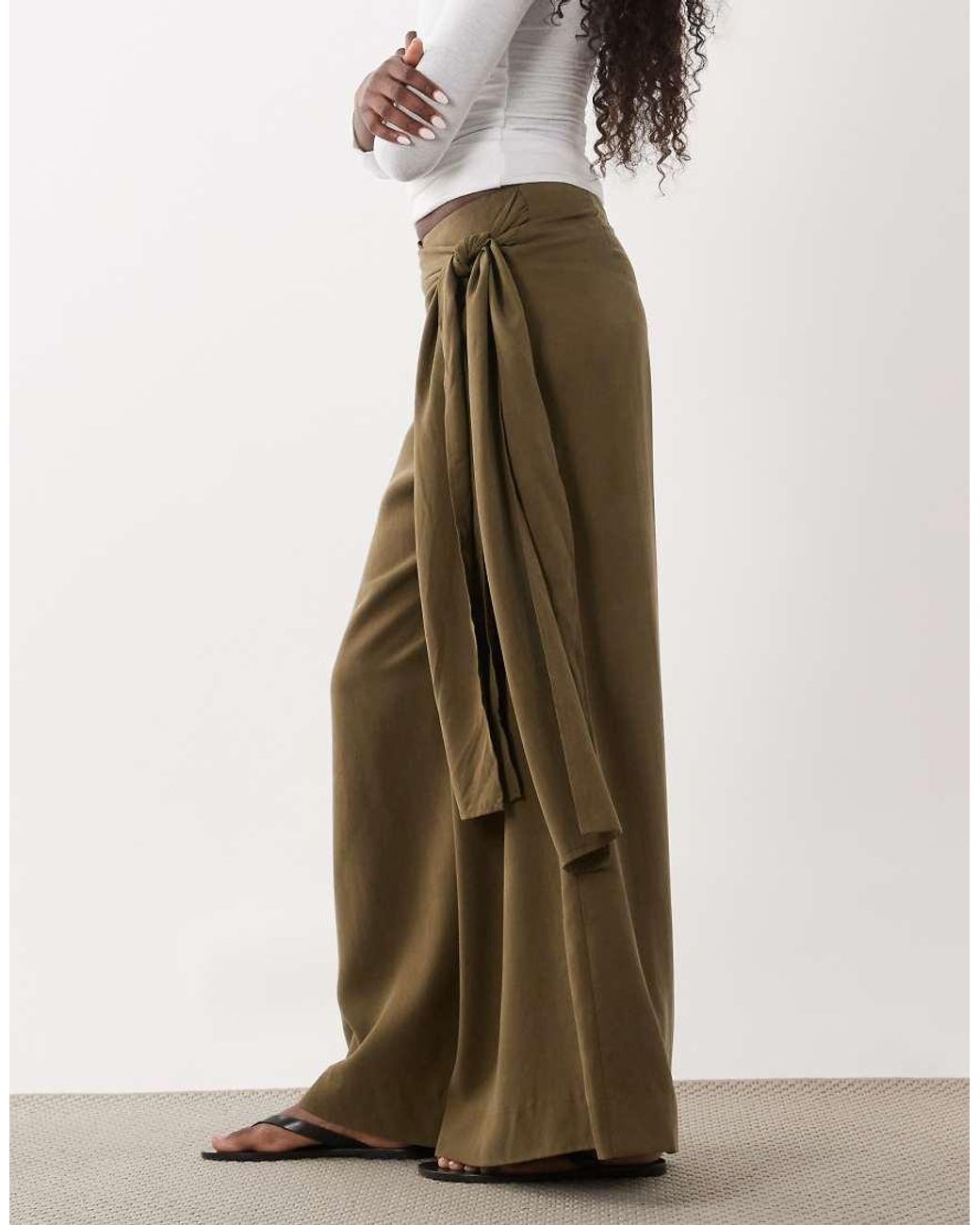 ASOS Natural Scarf Detail Wide Leg Trousers