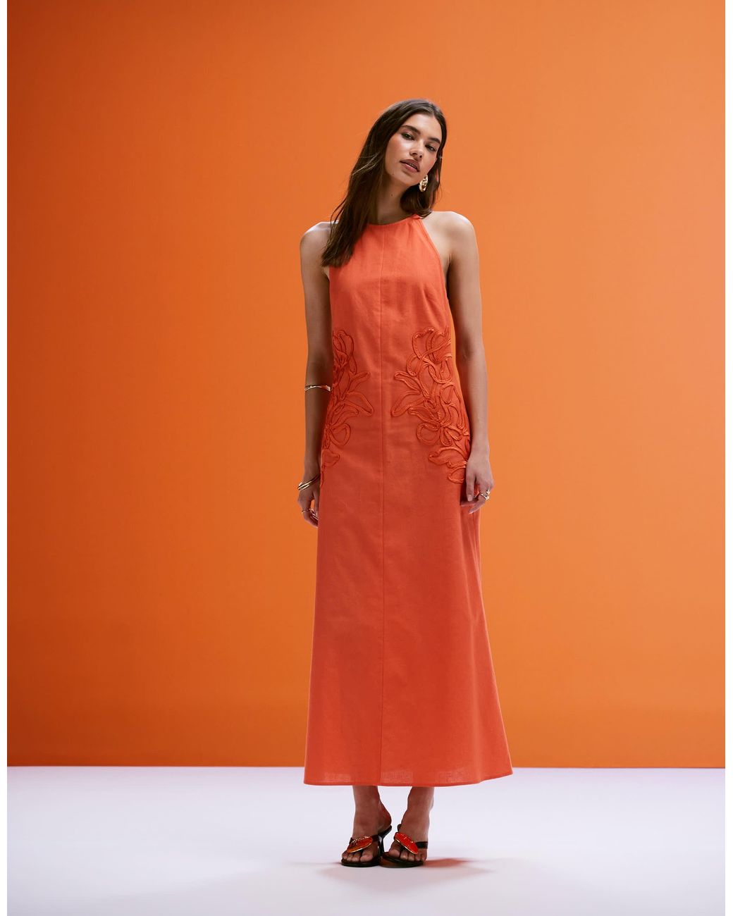 ASOS Low Back Halter Midi Dress With Waist Embroidery in Orange | Lyst