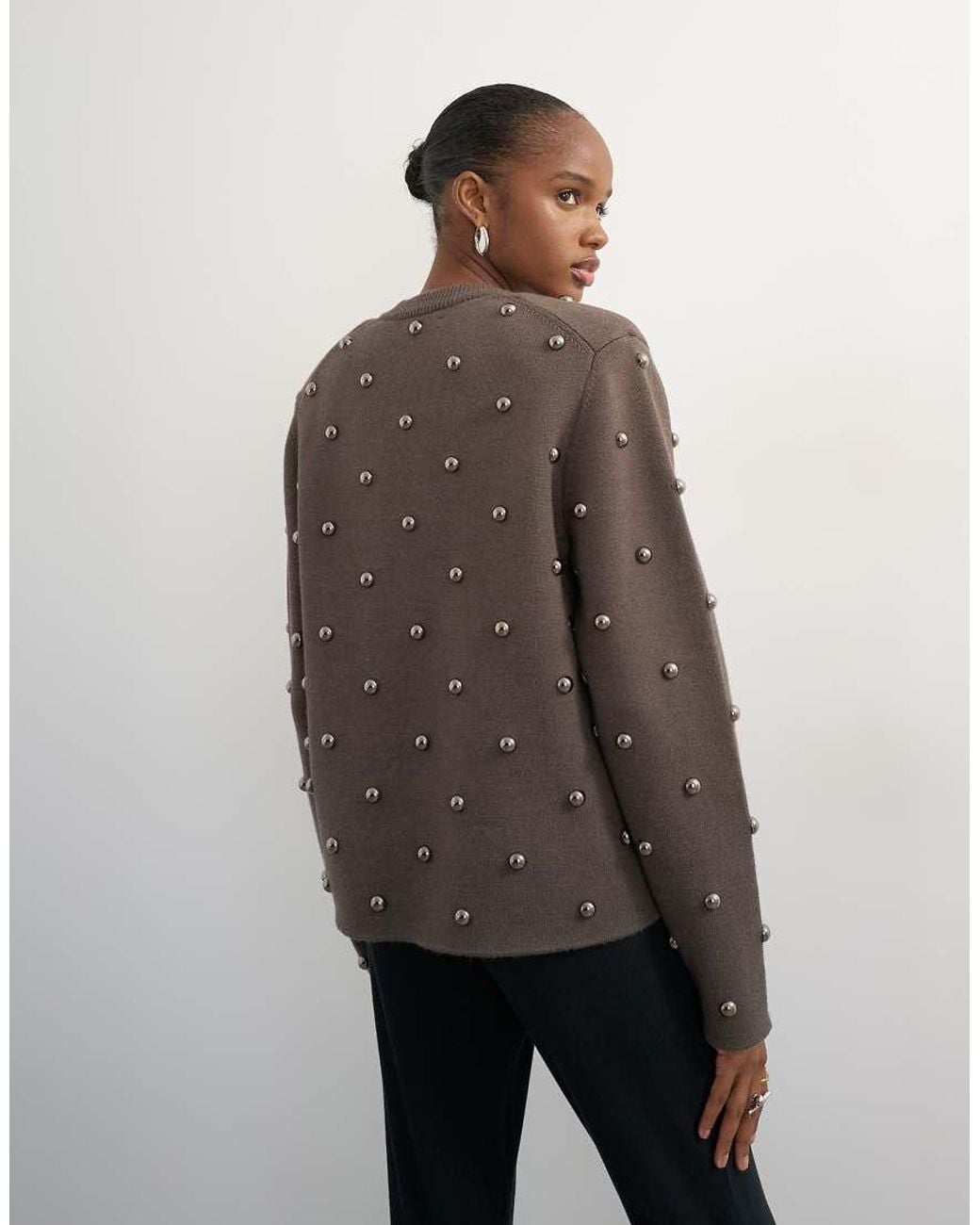 TOPSHOP Brown Knitted Metal Studded Shoulder Pad Jumper