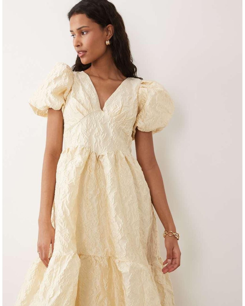 Sister Jane Yarrow Jacquard Puff Sleeve Tiered Midi Dress in