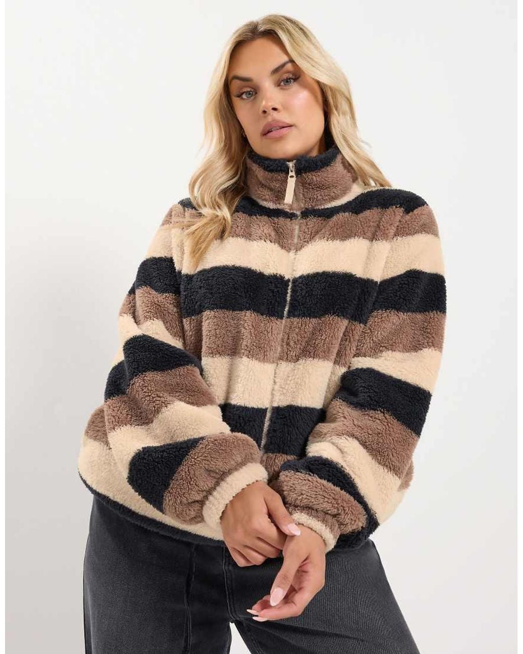 Yours Clothing Natural Stripe Zip Through Fleece