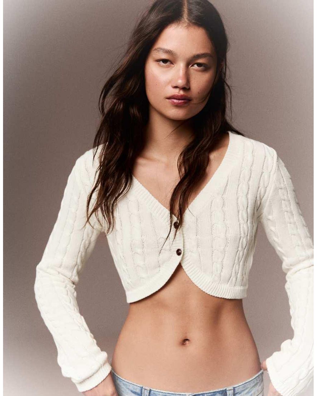Bershka White Cable Knit Crop Jacket