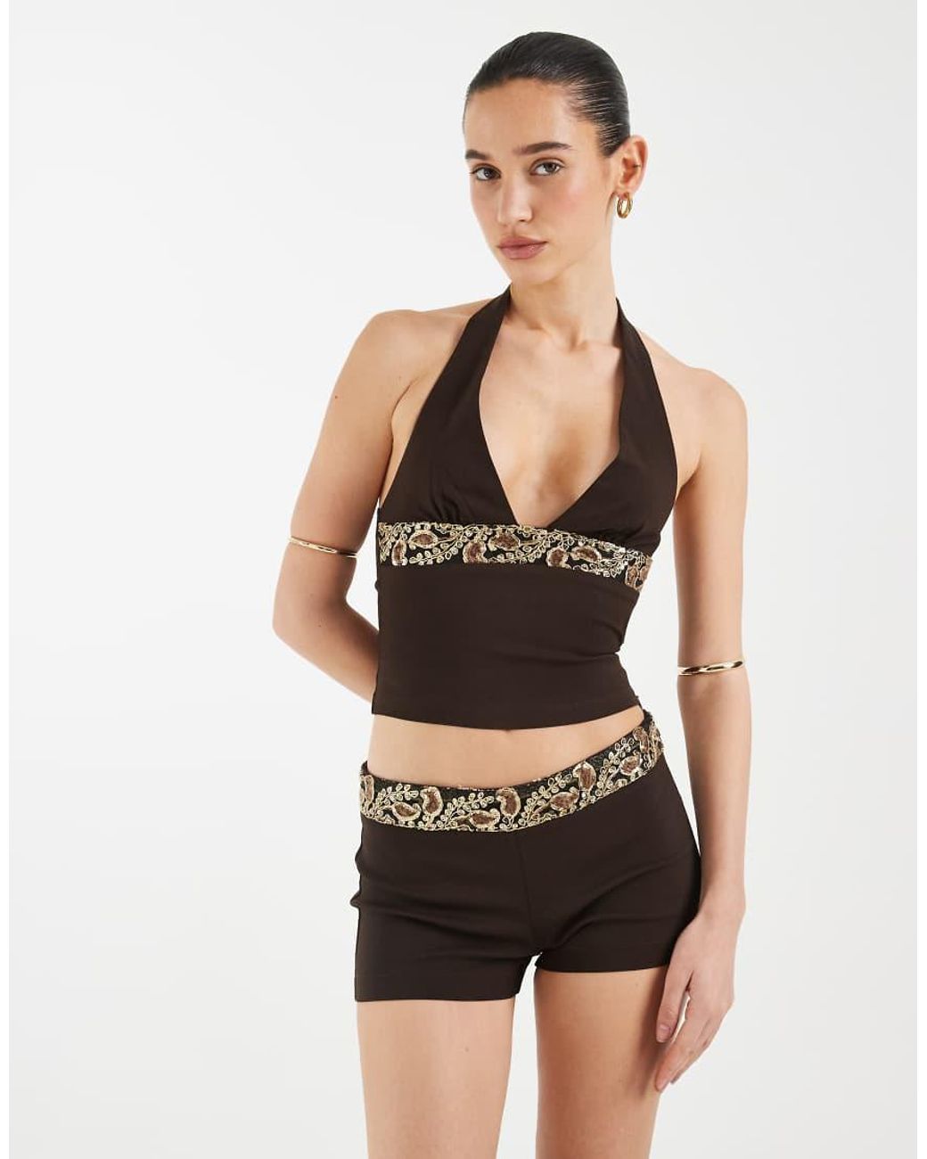 Motel Black Belvani Embroidered Sequin Mini Shorts