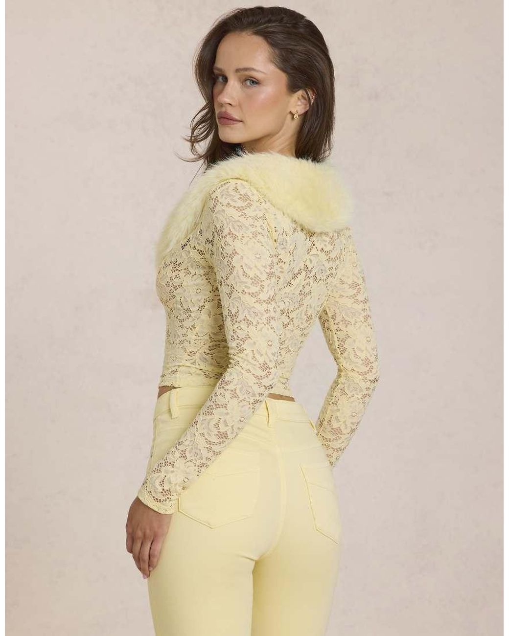 Oh Polly Natural Faux Fur Collar Lace Cardigan