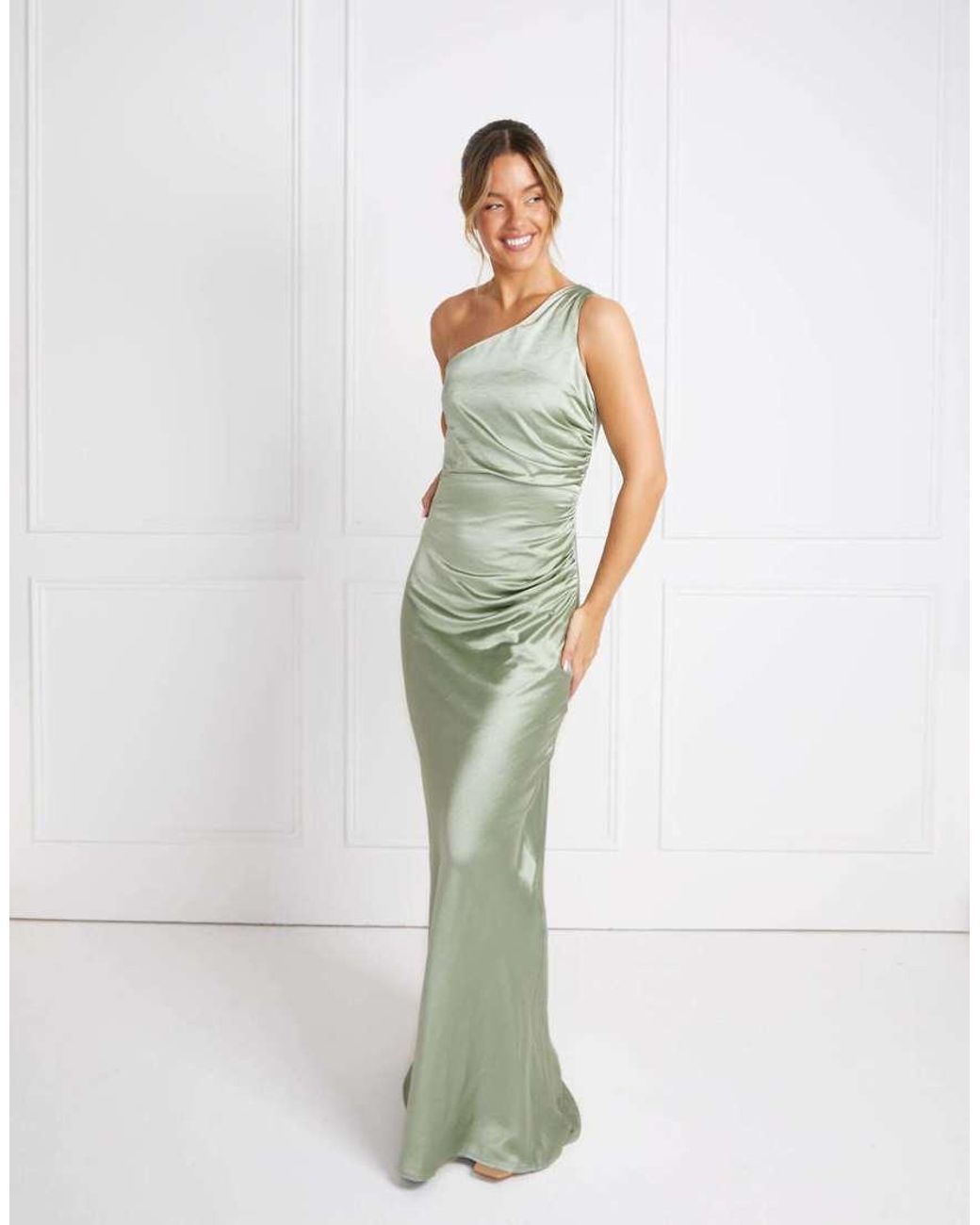 Six Stories Green One Shoulder Satin Ruched Bridesmaid Dress