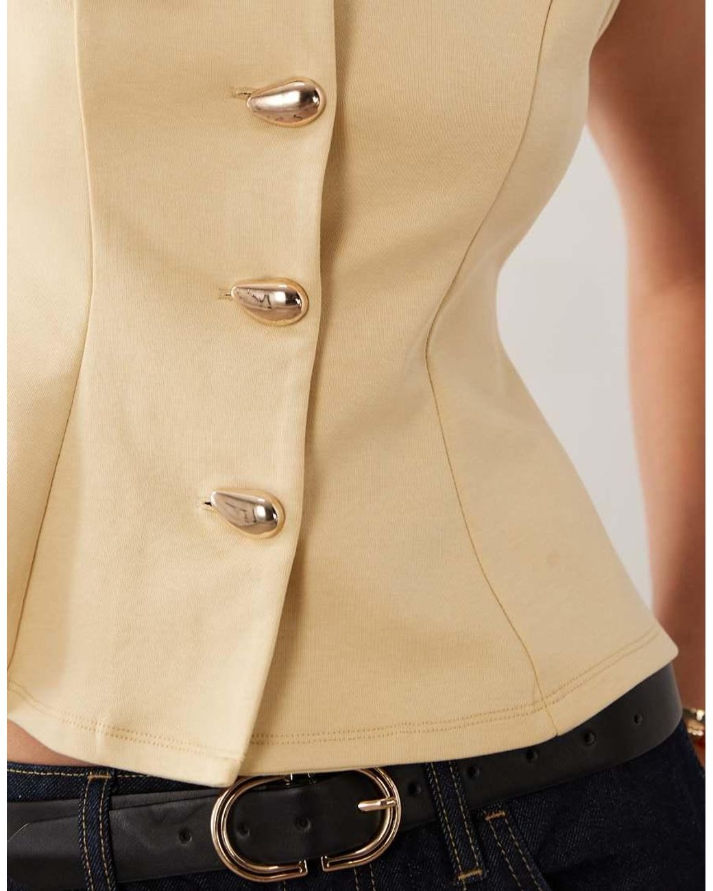 ASOS Natural Interlock Sleeveless Peplum Top With Gold Abstract Button Detail