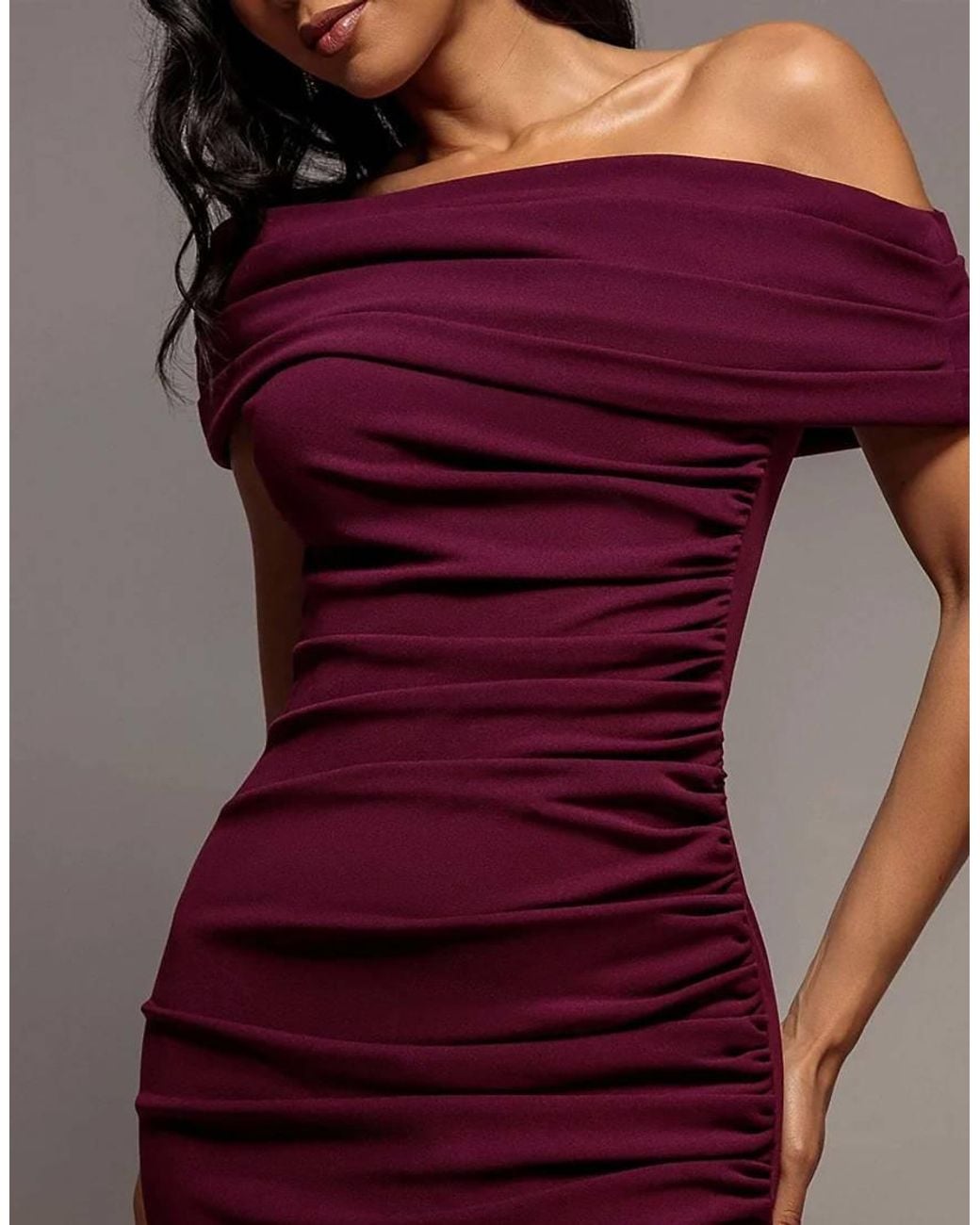 Goddiva Purple Pleated One Shoulder Bardot Fit And Flare Maxi Dress