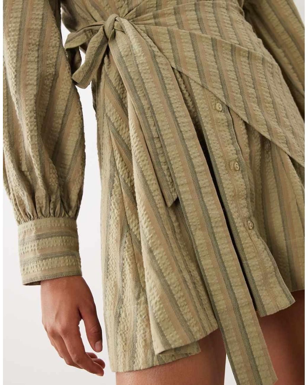 ASOS Green Long Sleeve Blouson Tie Waist Mini Shirt Dress