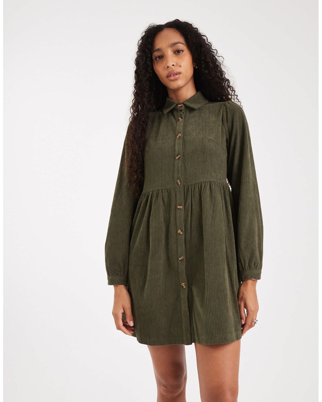 Threadbare Cord Shirt Mini Dress in Green | Lyst
