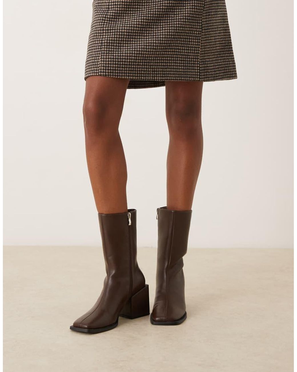 Glamorous Brown Block Heel Square Toe Boots