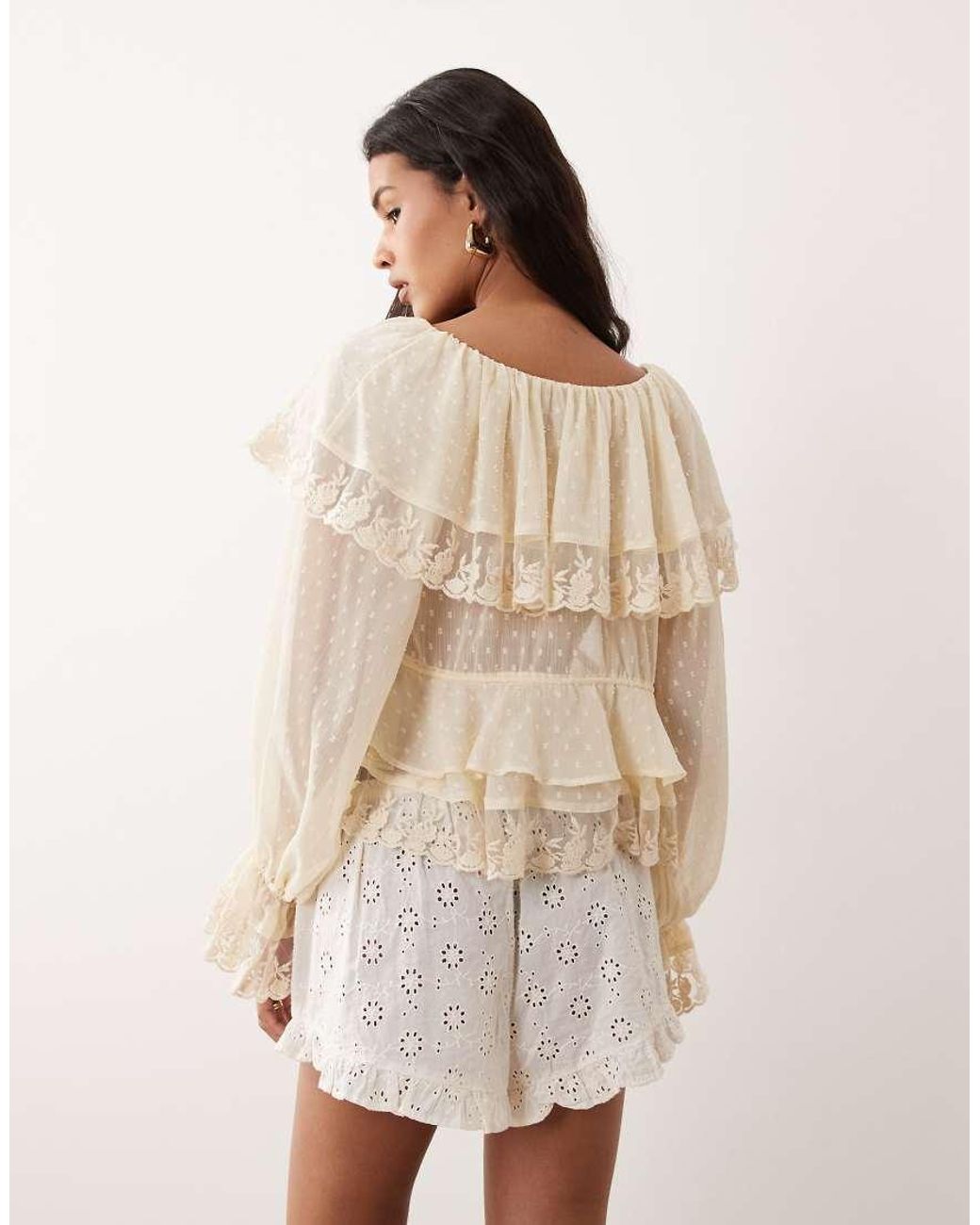 Miss Selfridge Natural Chiffon And Lace Tie Front Top