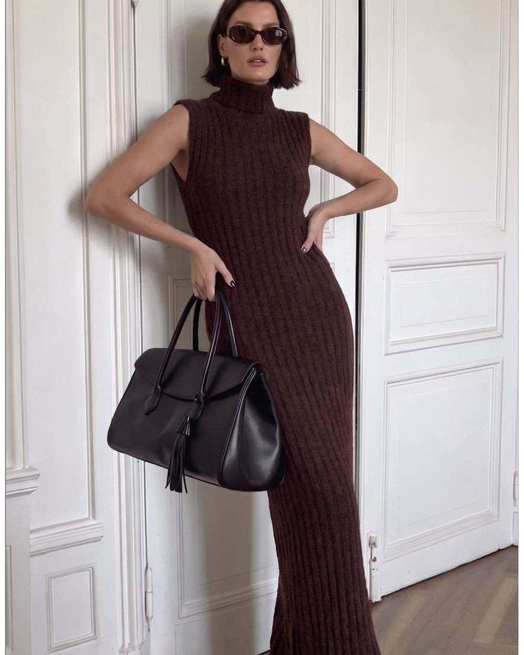 NA-KD Brown Knitted Wool Blend Turtleneck Maxi Dress