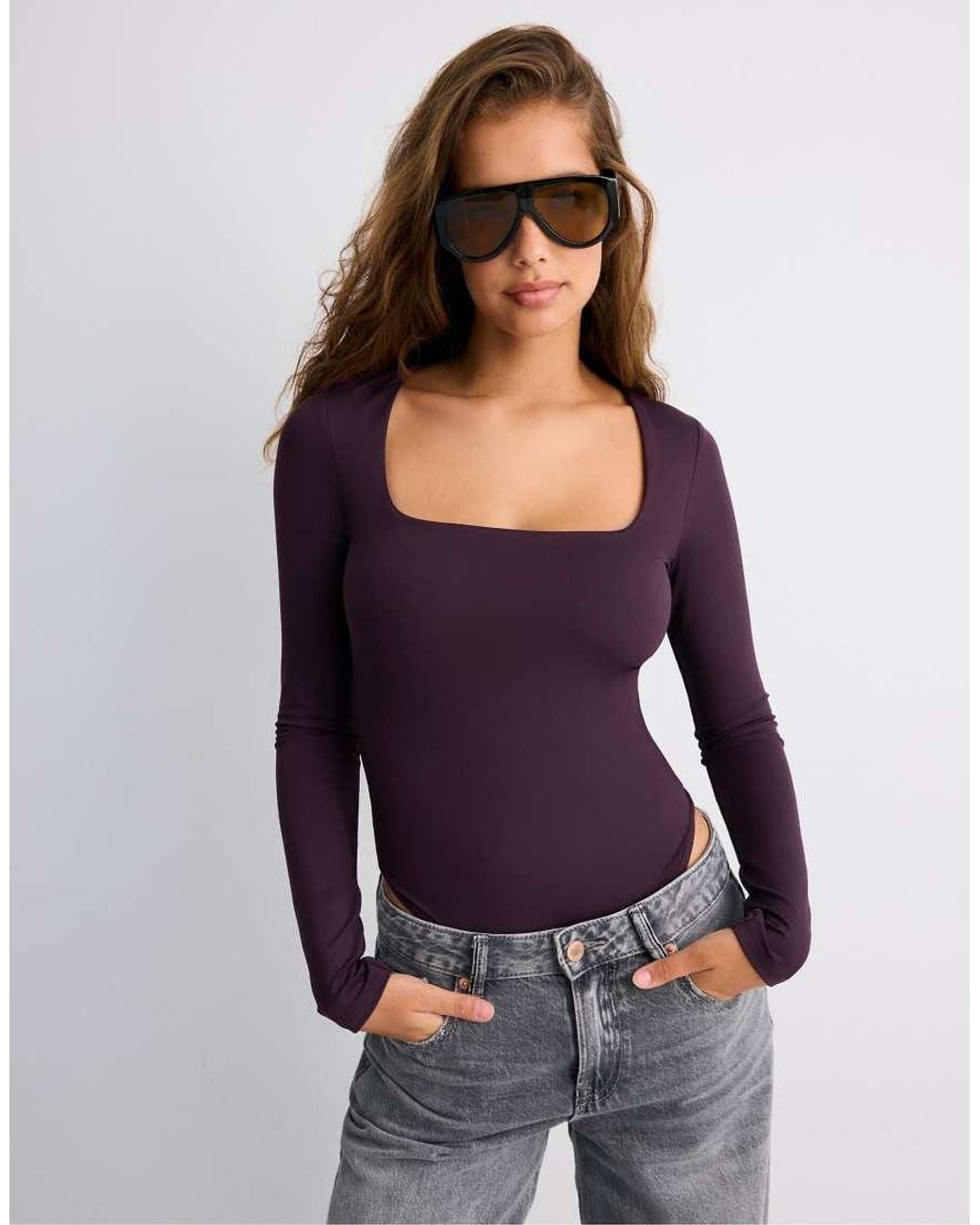 Stradivarius Purple Polyamide Bodysuit With Square Neckline