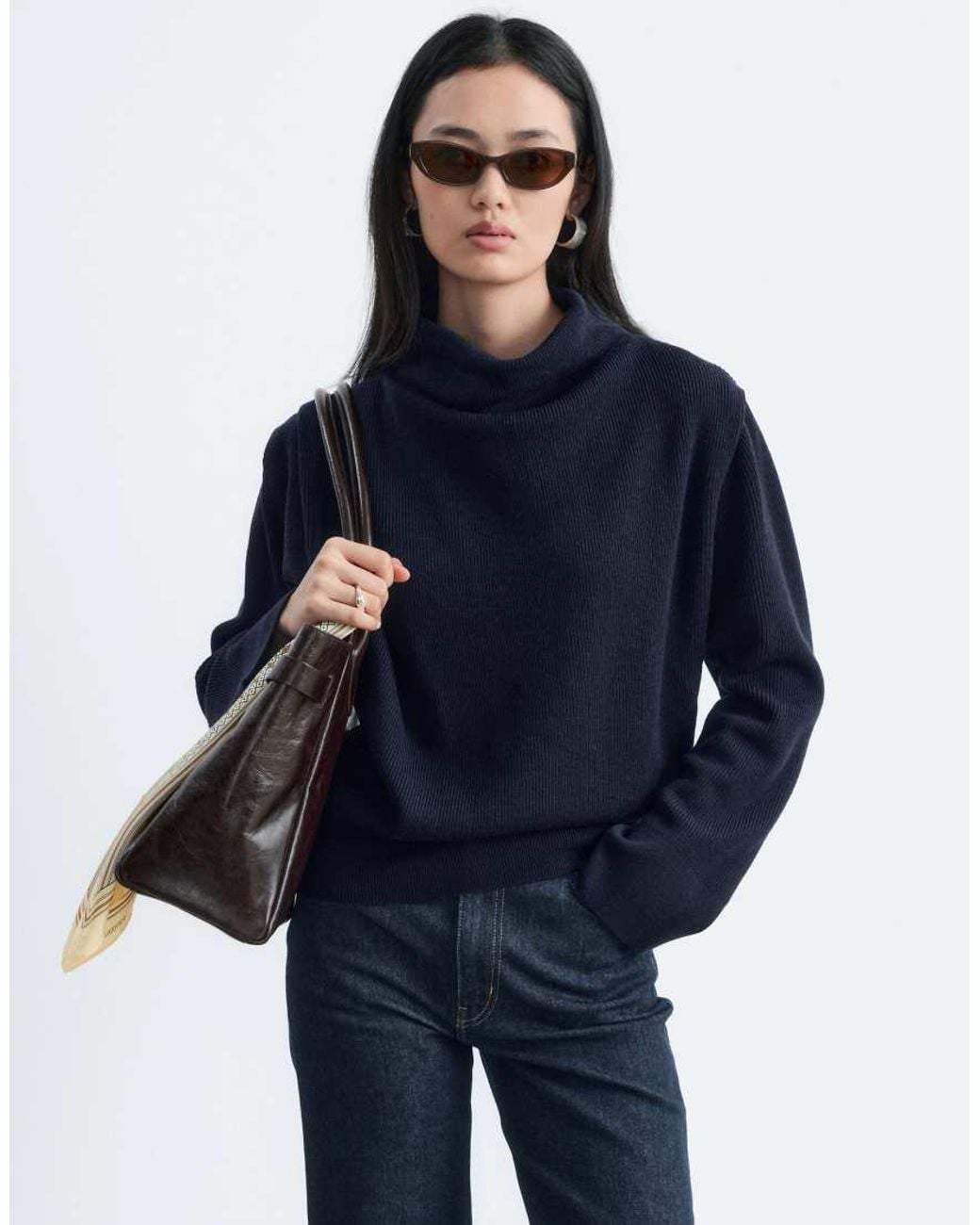 & Other Stories Blue Pure Wool Funnel Neck Sweater With Drape Shoulder Detail