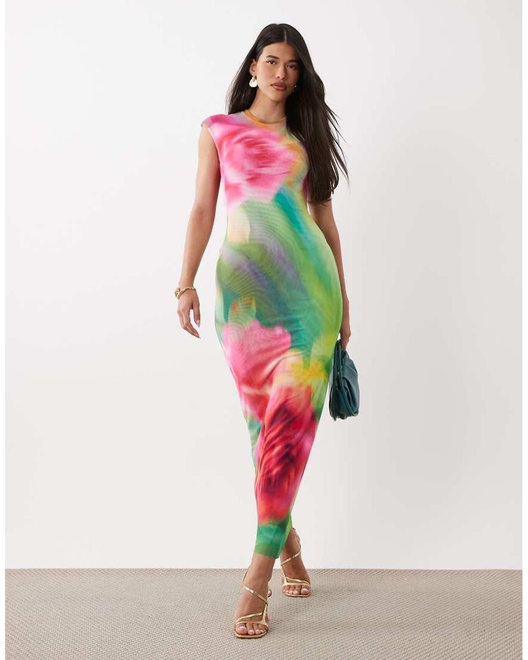 AFRM Pink Mylo Printed Mesh Cap Sleeve Maxi Dress