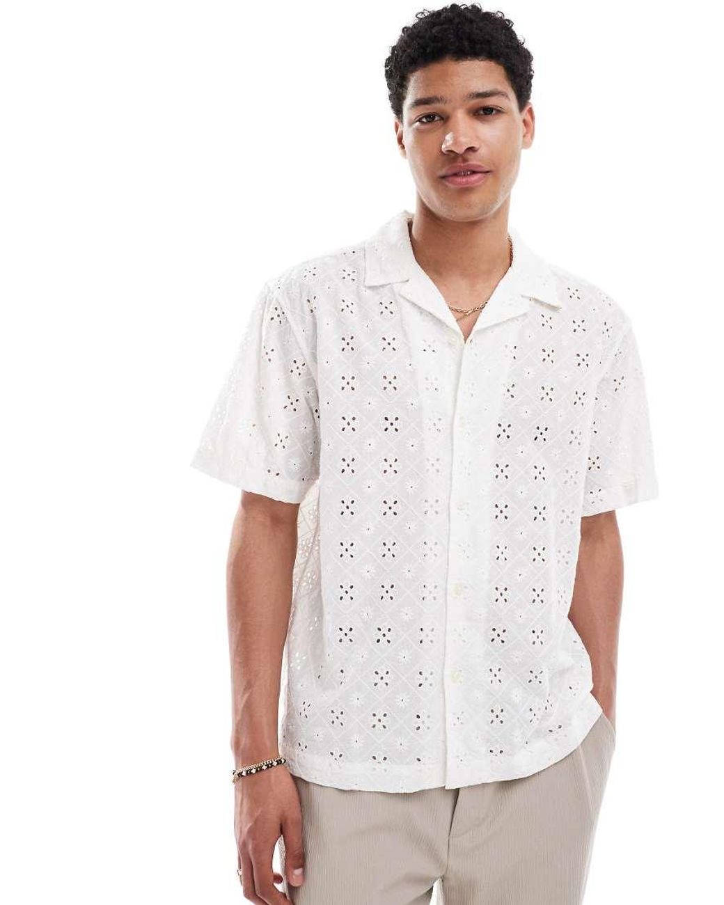 Only & Sons White Loose Fit Broidery Shirt for men