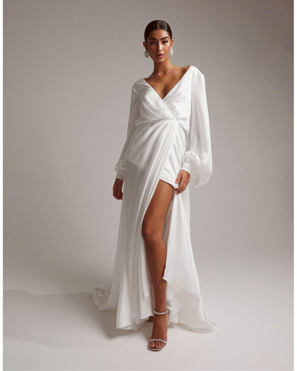 Bridal White Satin Long Drape Maxi Dress