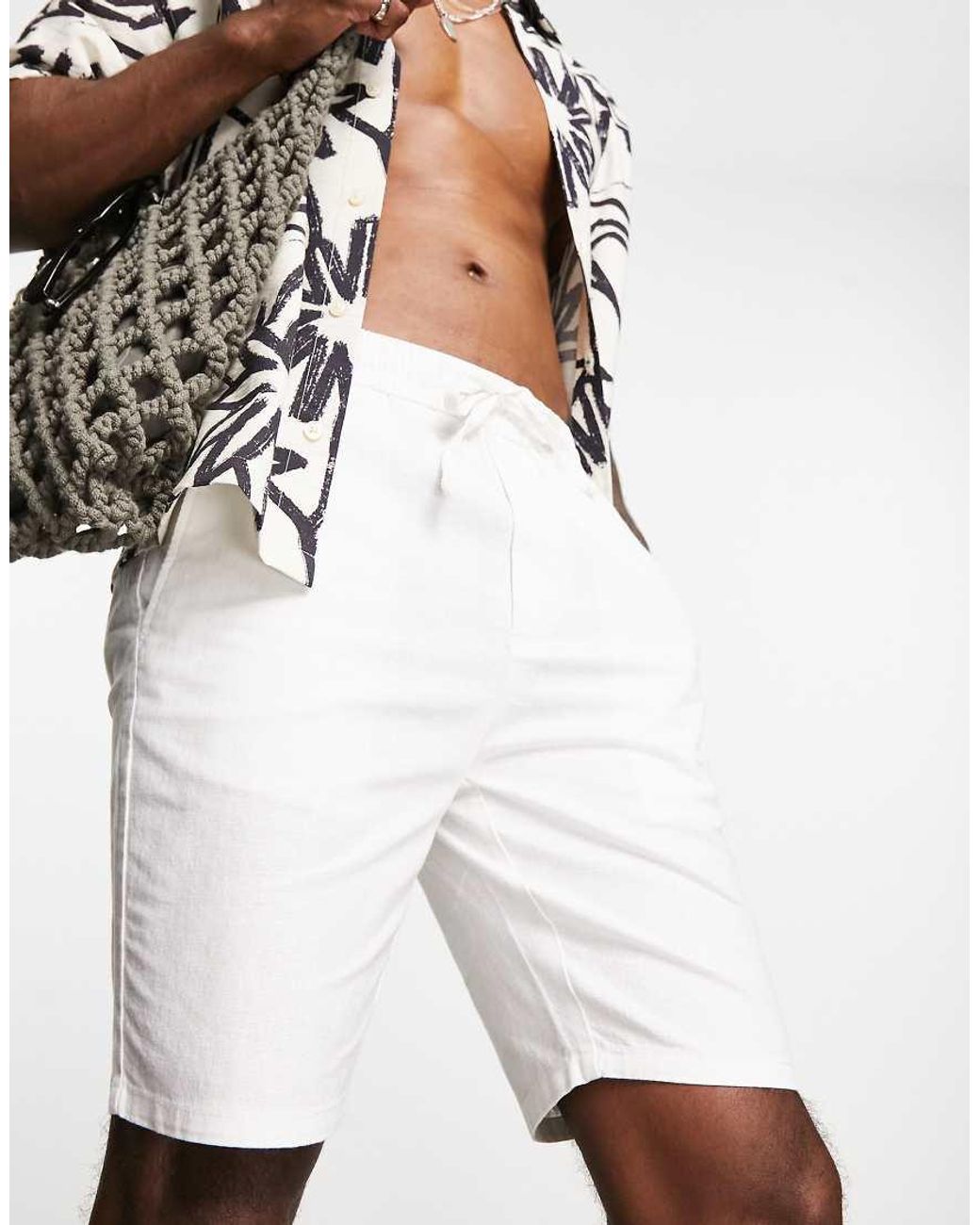 Only & Sons White Linen Mix Tie Waist Shorts for men