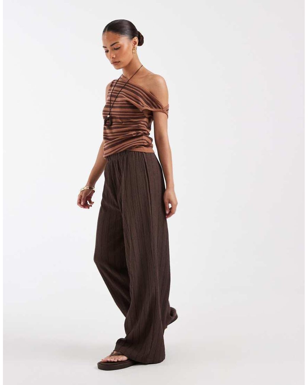 Only Petite Brown Textured Wide Leg Trousers