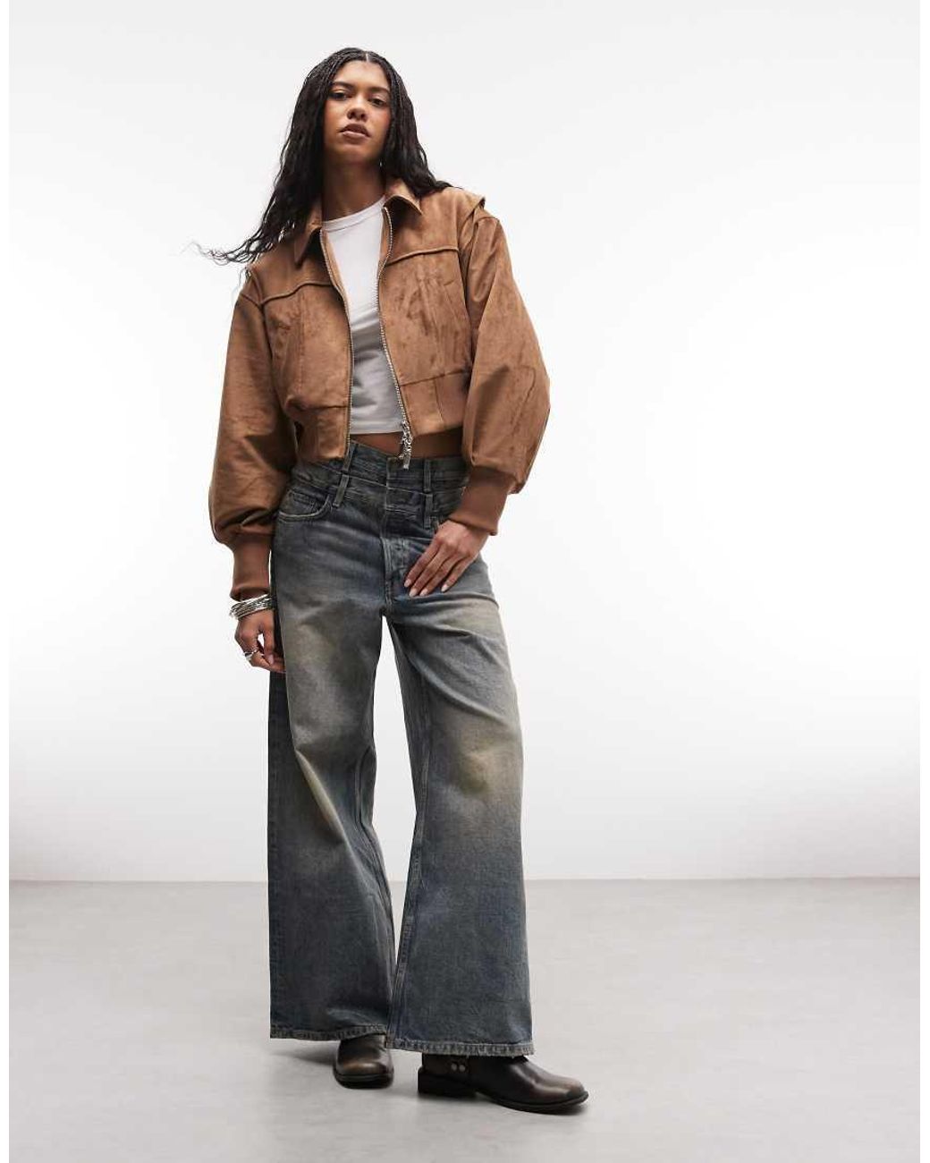 Liquor N Poker Brown Boxy Faux Suede Bomber Jacket