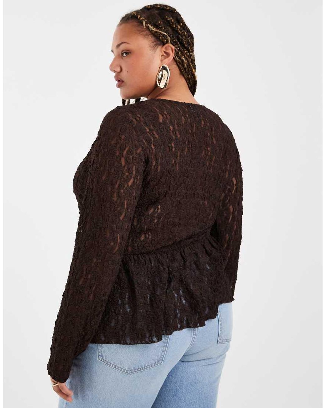 Vero Moda Brown Long Sleeve Textured Peplum Top