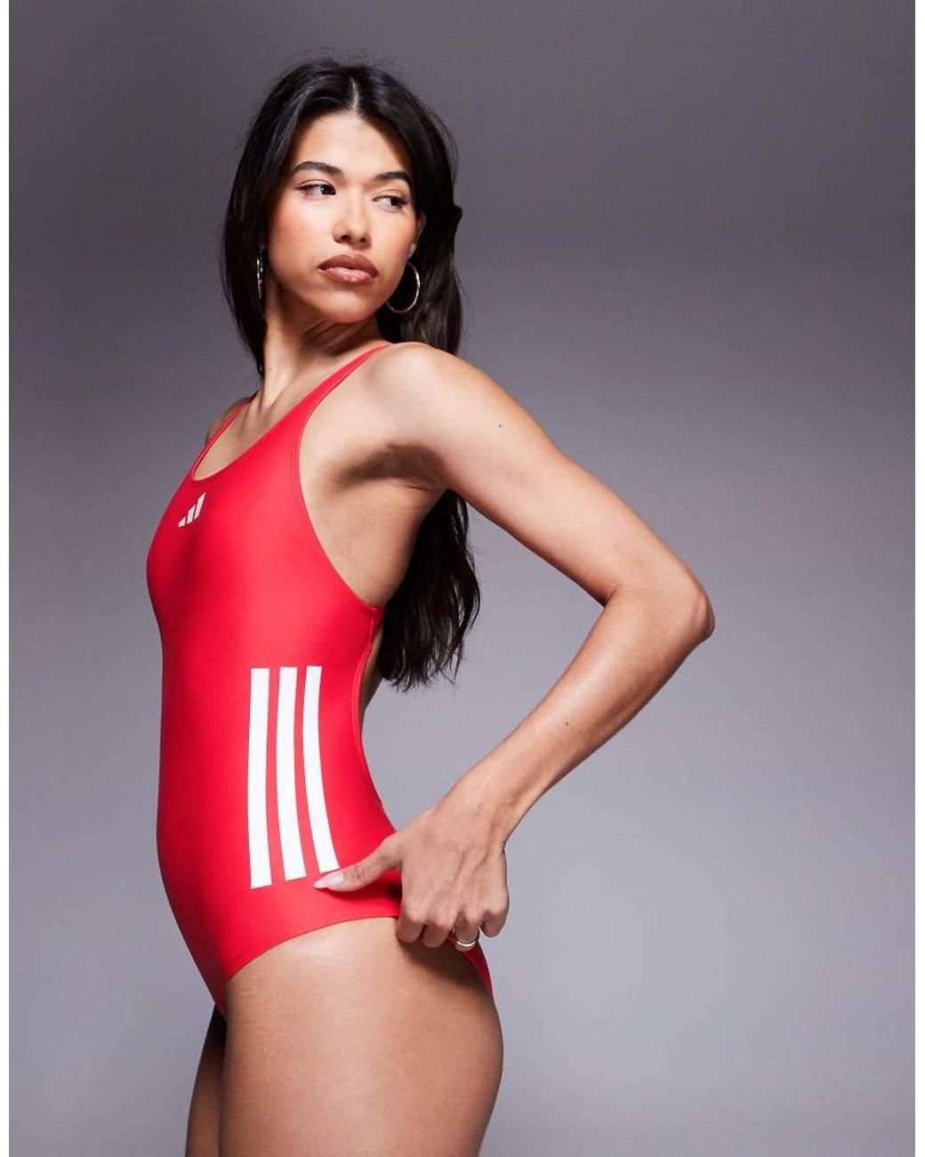 Adidas Originals Red Adidas Training 3 Stripe Swimsuit
