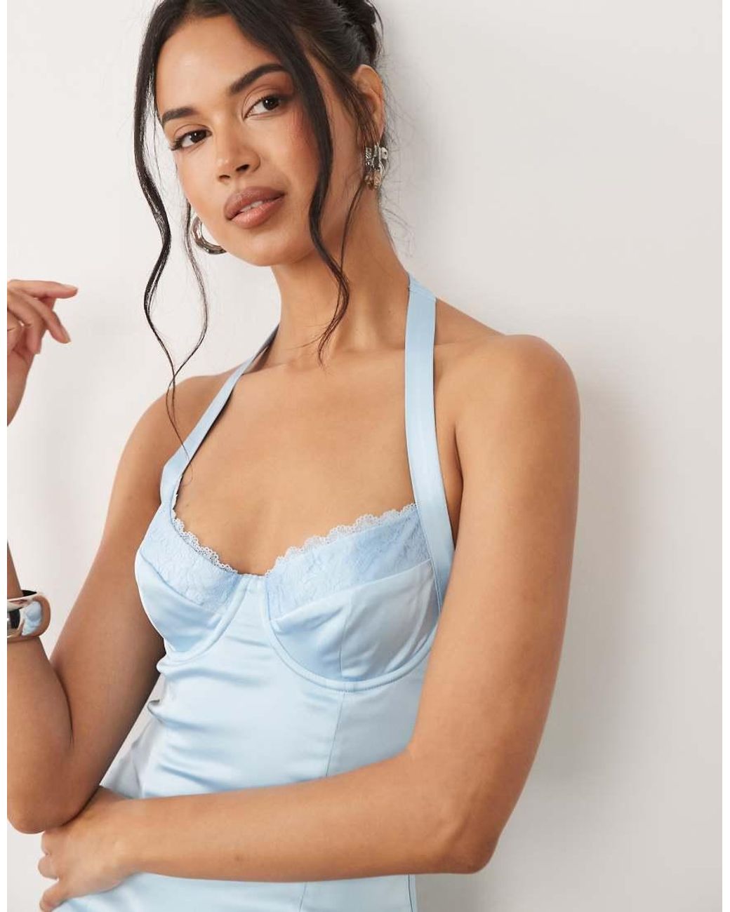 Oh Polly Blue Satin Lace Trim Halter Neck Fishtail Midi Dress