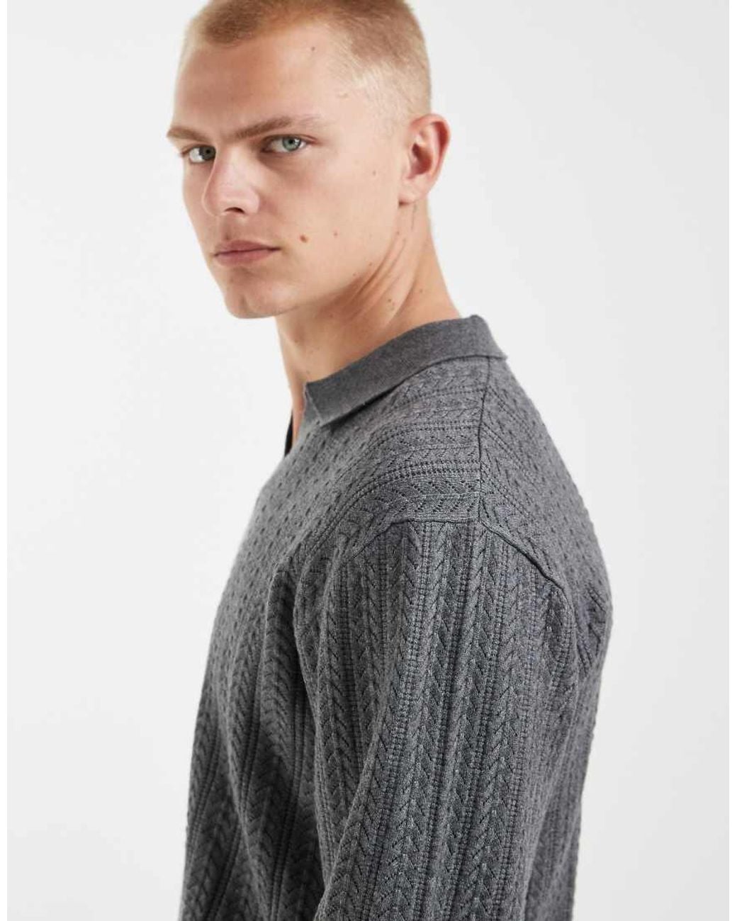 Redefined Rebel Gray V-neck Knitted Jumper With Collar for men