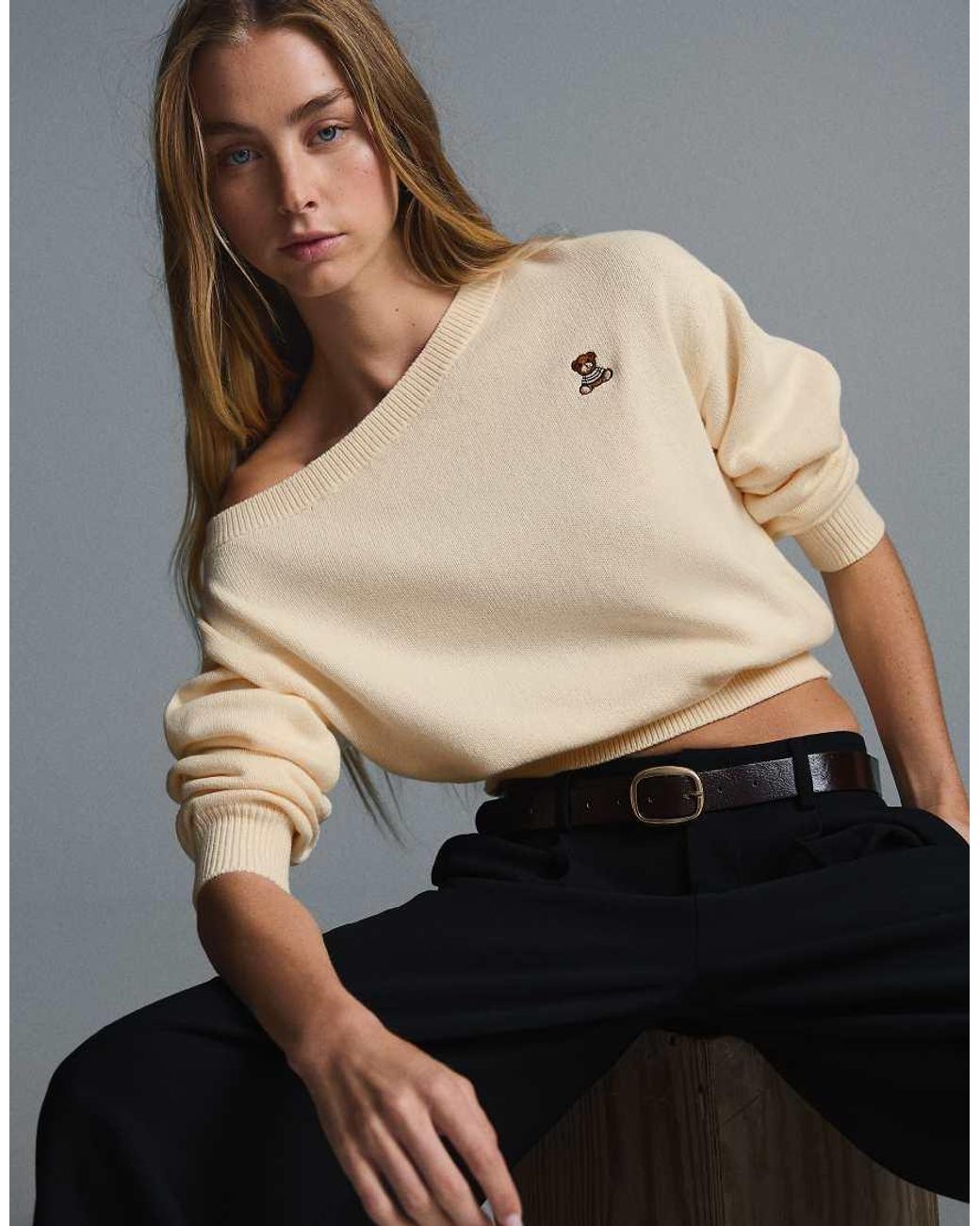 Bershka Gray Embroidered Boat Neck Jumper