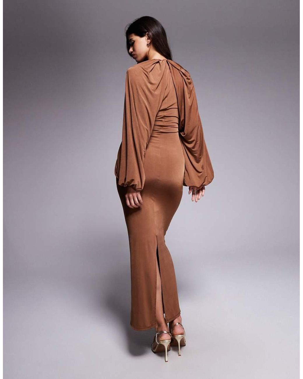 ASOS Brown Slinky Winged Sleeve Ruched Maxi Dress