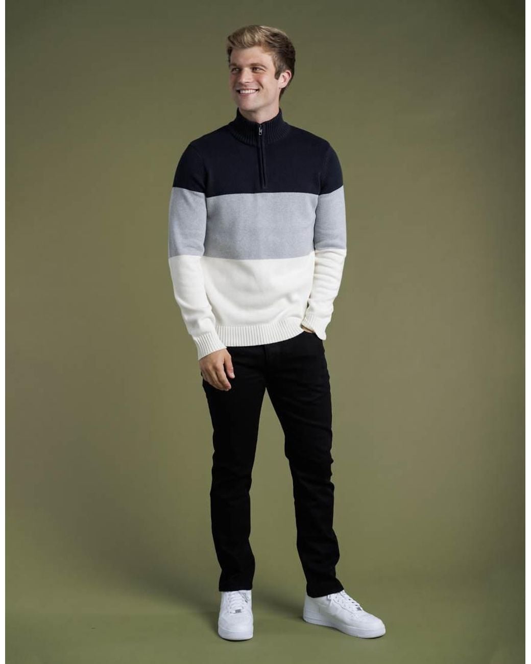 French Connection Green Cotton Colourblock 1/2 Zip Knitted Jumper for men