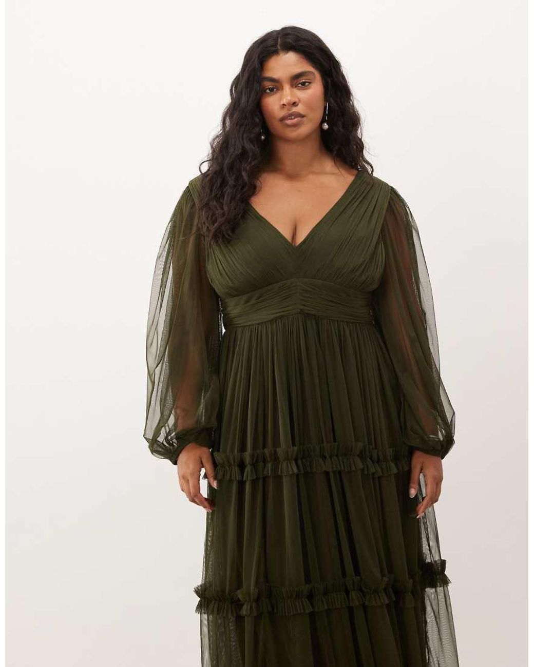 Lace & Beads Plus Green Tulle Sheer Balloon Sleeve Plunge Neck Tiered Maxi Dress