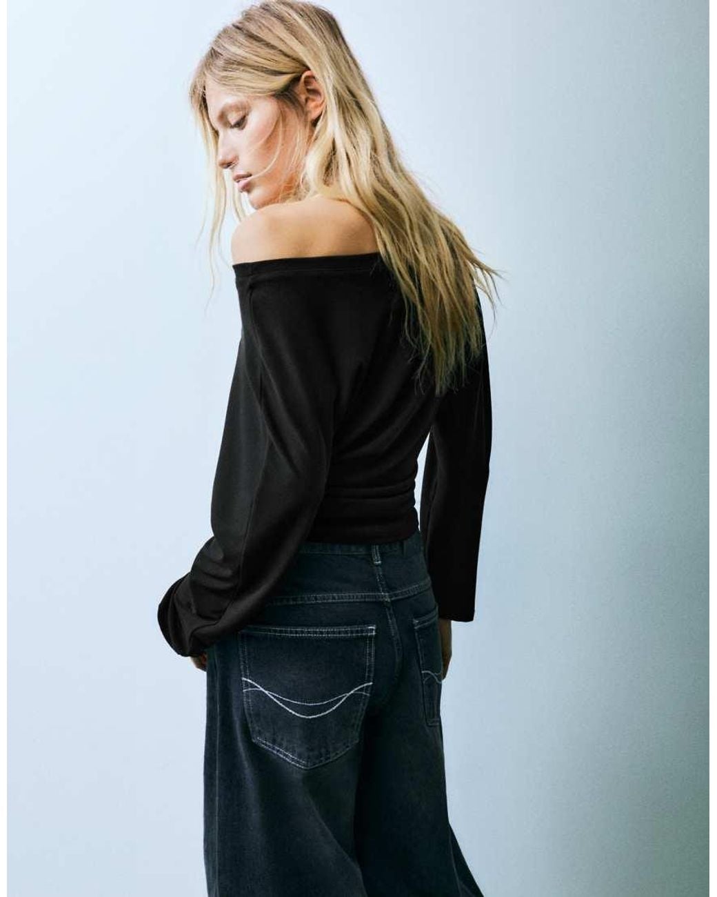 Pull&Bear Black Asymmetric Long Sleeve Top