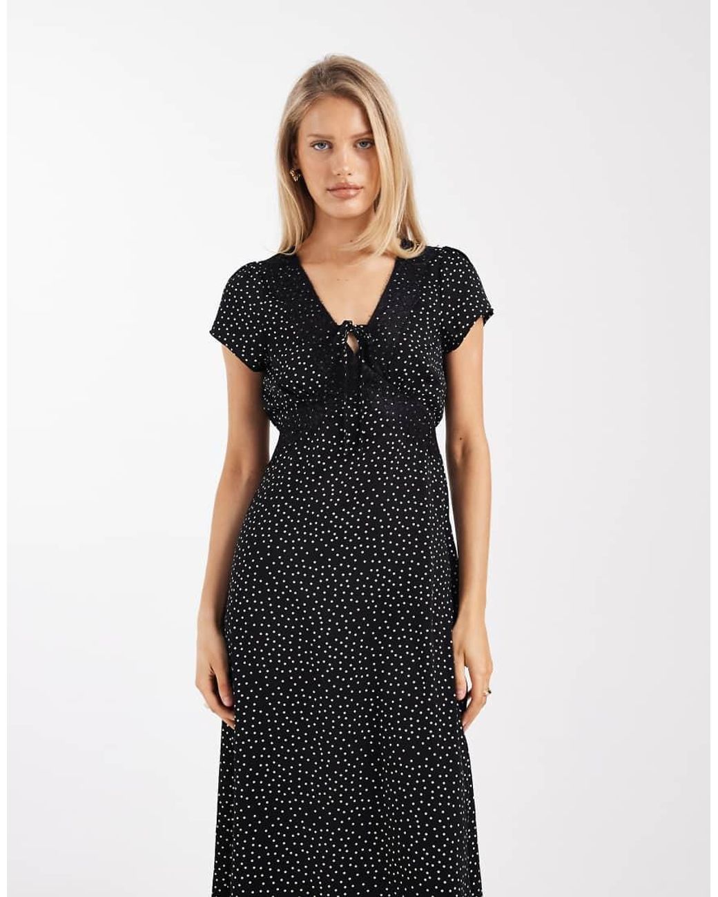 Brave Soul Black Tie Front Midi Dress With Lace Detail