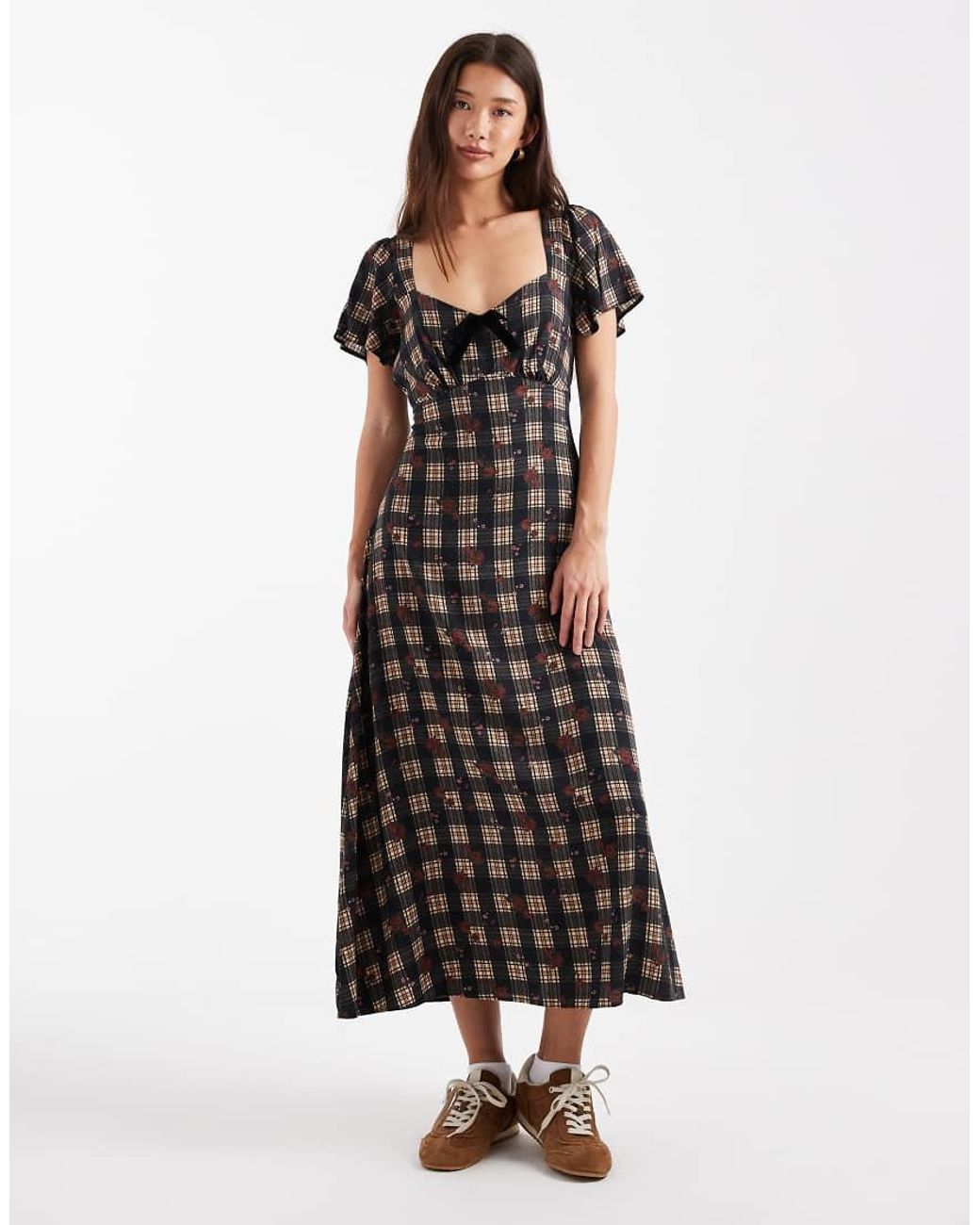 New Look White Check Velvet Bow Midi Dress