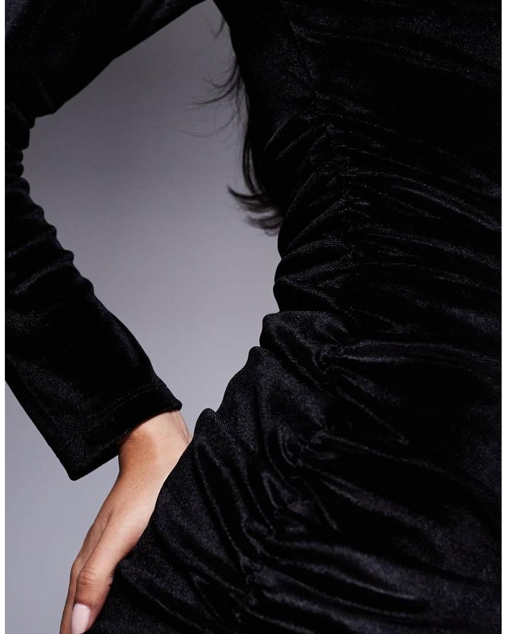 ASOS Black Cinched Asymmetric Off Shoulder Velvet Mini Dress