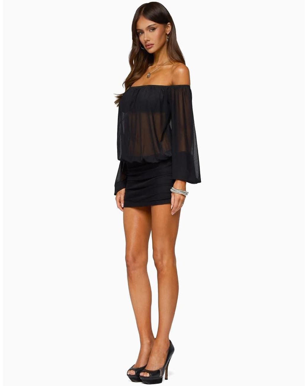 Edikted Black Jorie Sheer Mesh Off Shoulder Bubble Dress