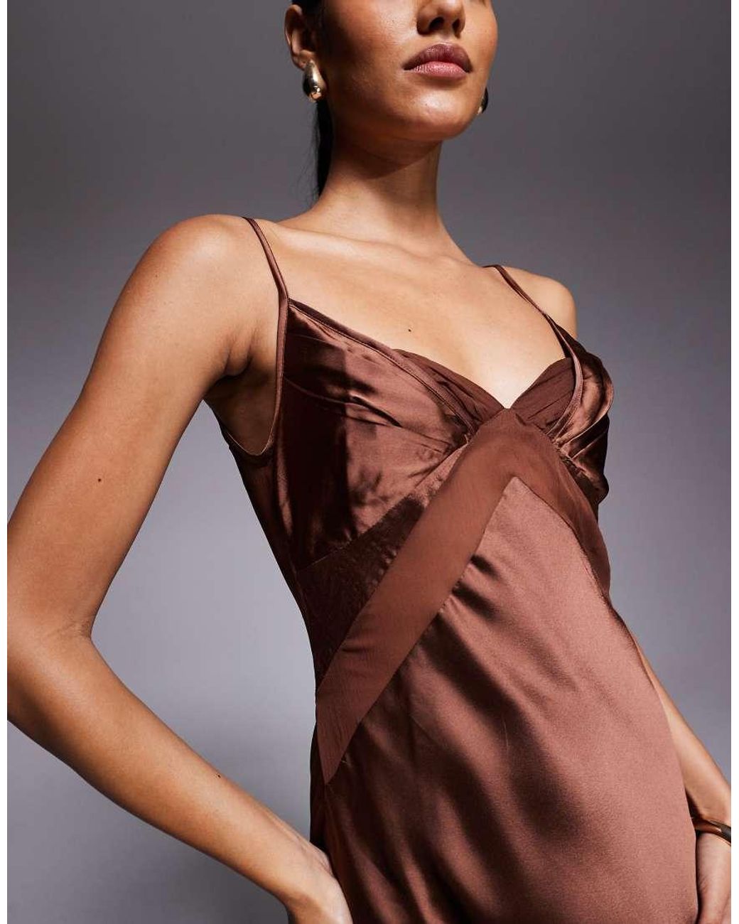 ASOS Brown Satin Chiffon Mix Bust Panelled Maxi Dress