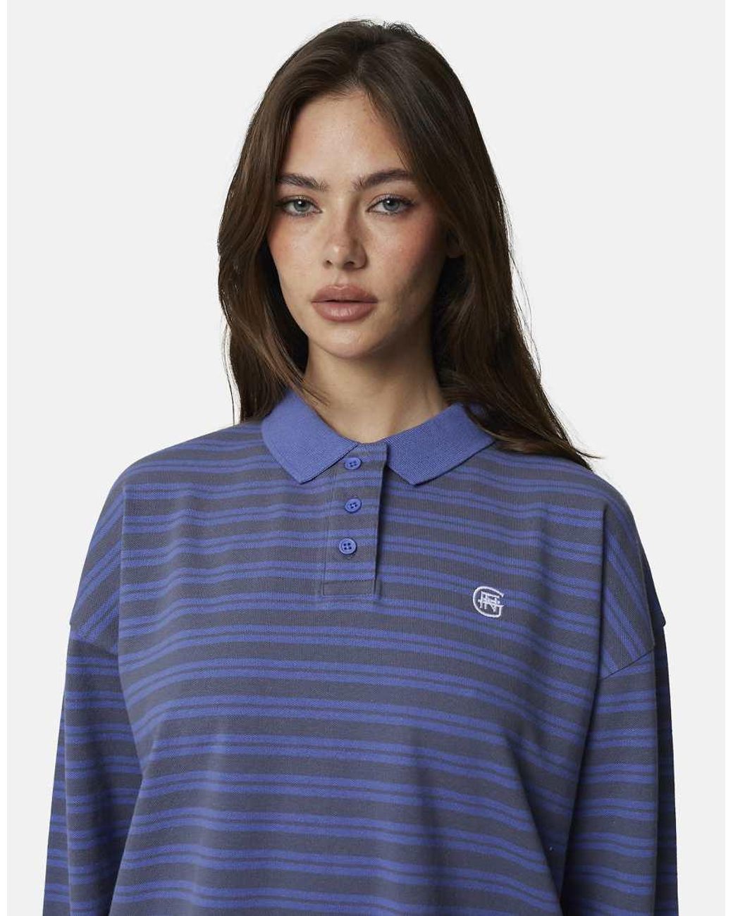 Good For Nothing Blue Striped Monogram Long Sleeve Polo