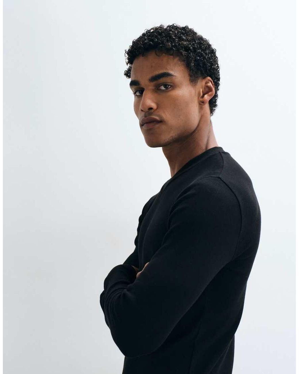 ASOS Blue Muscle Fit Long Sleeve High V-neck T-shirt for men