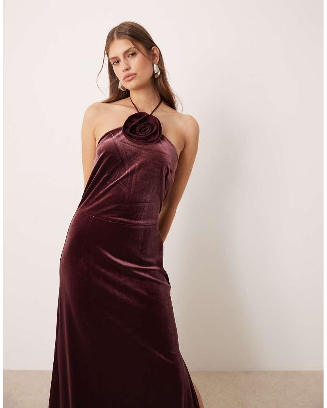 Y.A.S Red Velvet Halterneck Maxi Dress With Rosette