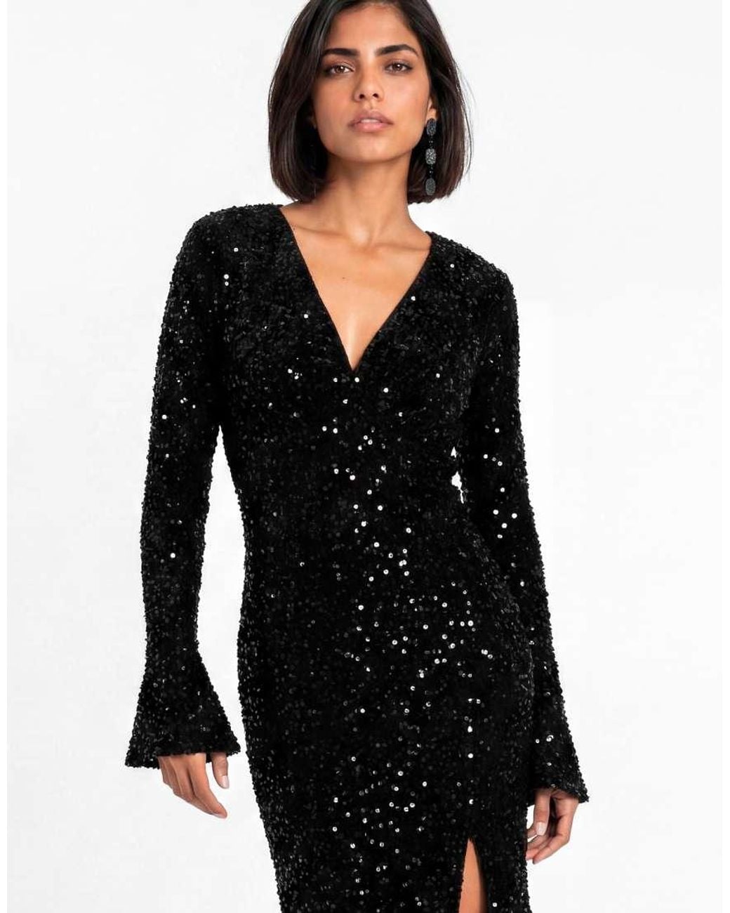 Maya Black Embellished Bell Sleeve Velvet Maxi Dress