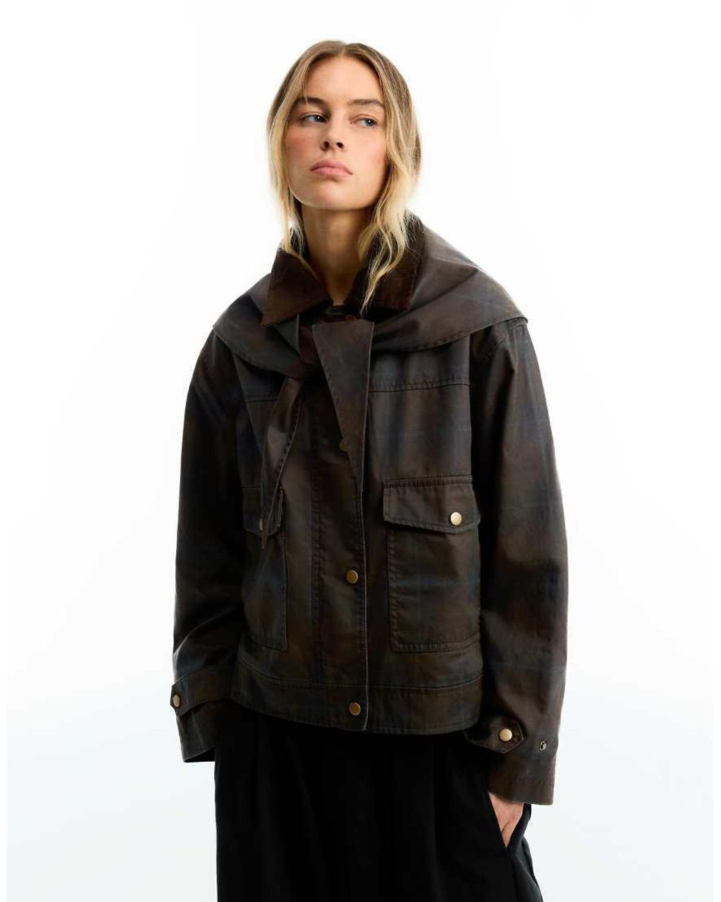 Bershka Black Waxed Corduroy Jacket With Scarf